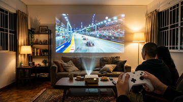 Gaming on a 120-inch projected image in a Singapore HDB living room at night with a game controller in the foreground